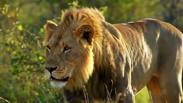 alpha male lion walking in forest