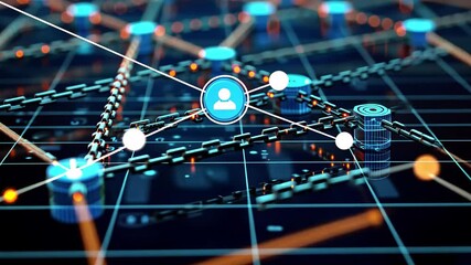 A closeup view of a blockchain network showcasing interconnected nodes and digital chains representing technology's future in data management and secure transactions - Powered by Adobe