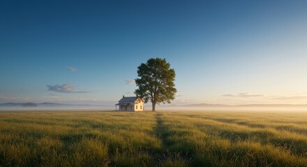 Fototapeta premium Serene Sunrise House - A tranquil sunrise scene featuring a small house nestled in a vast field, a solitary tree standing nearby, and a misty horizon