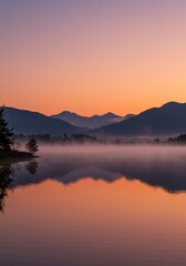 Fototapeta premium Serene Sunrise Mountain Lake Reflection - Peaceful dawn, mist-shrouded mountains reflected in a still lake, symbolizing tranquility, serenity, nature, reflection, and peace