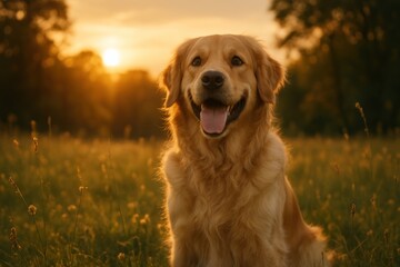 Golden retriever sunset field joy