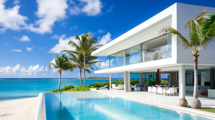 Fototapeta premium Contemporary beachfront villa with infinity pool and ocean view under bright blue sky