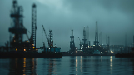 Obraz premium Industrial offshore oil rigs with cranes at dusk in moody ocean environment