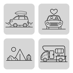 Collection of four line icons depicting outdoor activities. Car carrying kayak, couple in car, tent with mountains, and RV at campsite. Ideal for travel enthusiasts