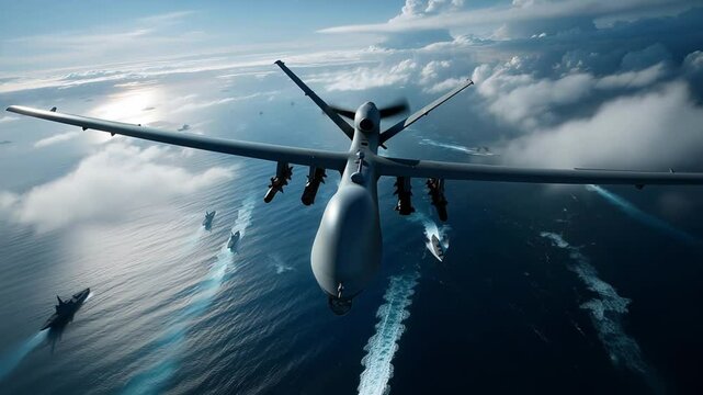 Aerial view of a military drone over the ocean with navy ships patrolling