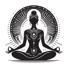 Woman in Lotus Pose with Chakra and Spiritual Symbols