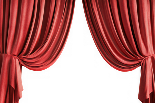 Dramatic red stage curtains, theater drapes, velvet texture, performance backdrop, elegant decoration, isolated elements, design resource, isolated on transparent background