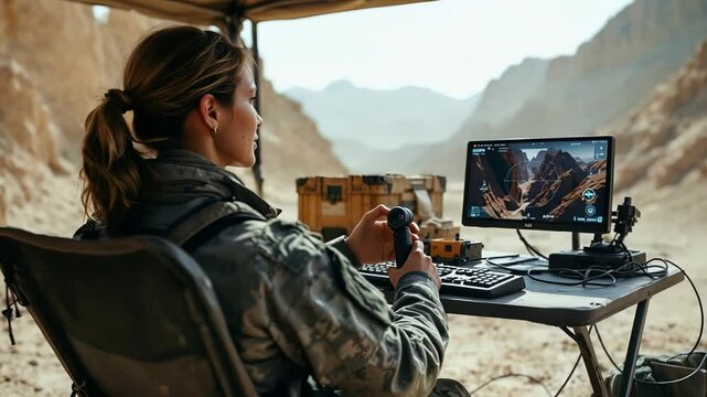 A soldier uses hightech gear in a desert for tactical warfare simulation