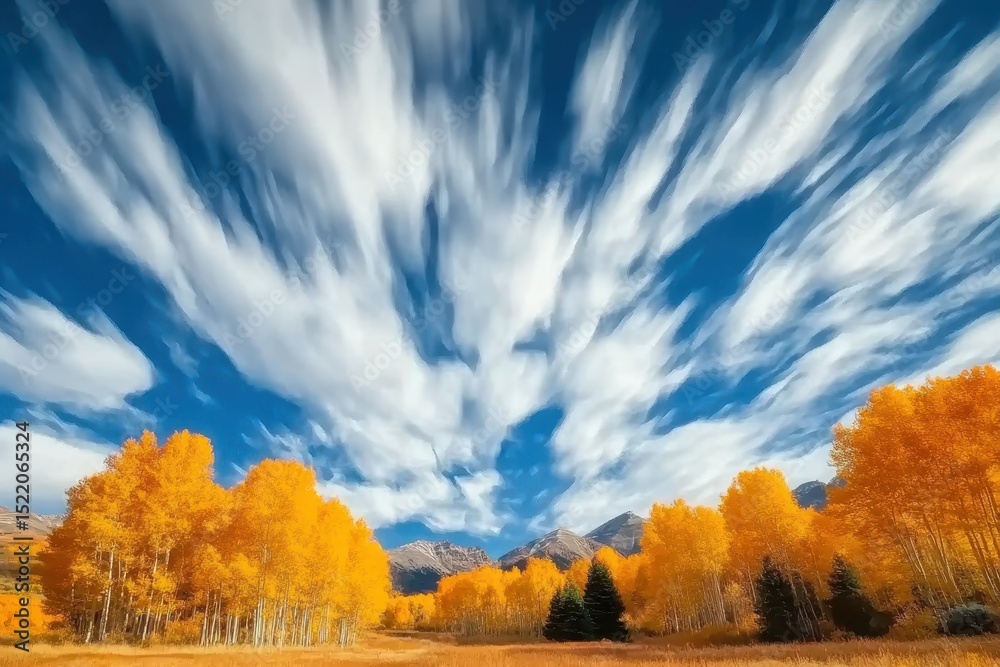 Poster timelapse of dynamic clouds shifting above vibrant autumn trees in a tranquil landscape, time-lapse 
