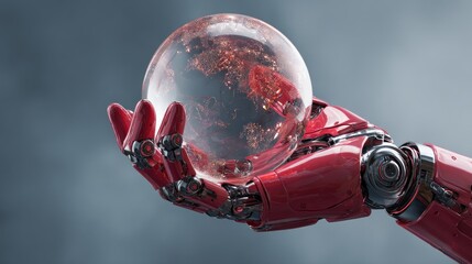 Red robotic hand holding a holographic globe against a muted gradient backdrop