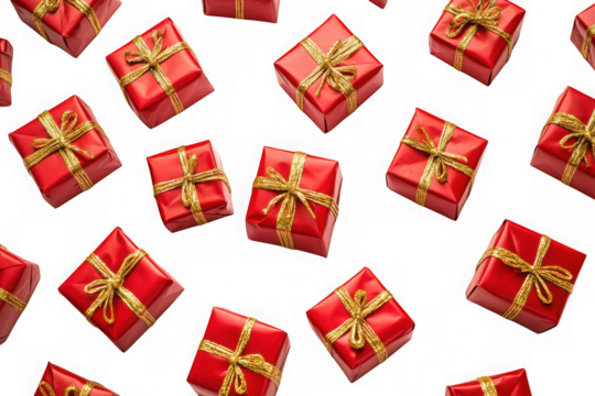 Festive red christmas presents with golden ribbons seamless pattern holiday gifts celebration decoration isolated on transparent background
