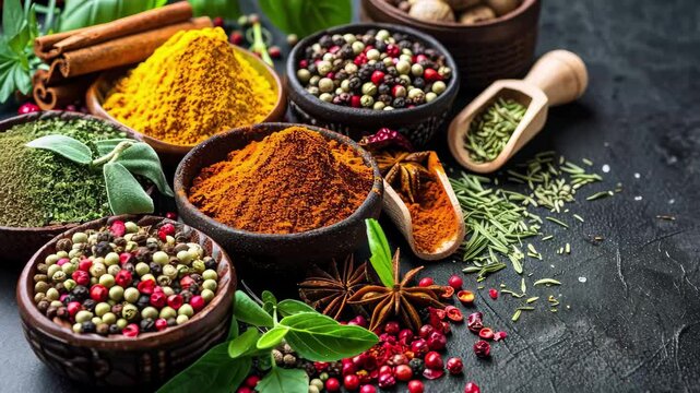 A vibrant collection of spices and herbs displayed in bowls on a dark surface, showcasing a variety of colors and textures perfect for culinary creations at any time of the year