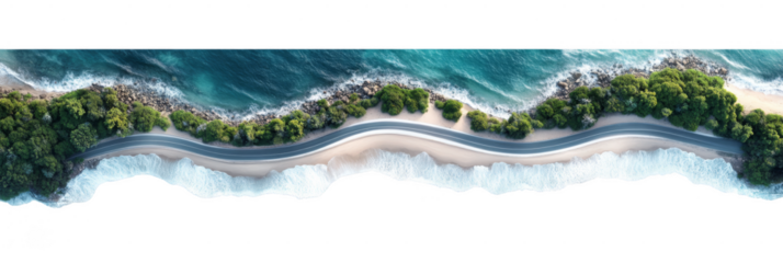 A winding coastal road bordered by lush greenery and ocean waves. Png, Transparent background.