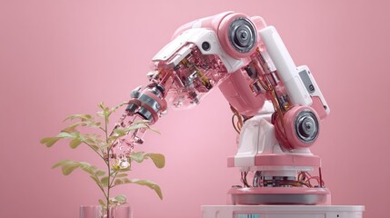 Research robot scanning plant sample with sensors on coral pink background
