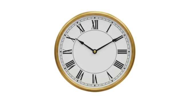 Oval gold frame wall clock isolated on transparent background