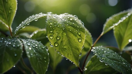 Lush green leaves glistening with morning dew drops, showcasing vibrant nature, plant life details in a close-up view and blured background.