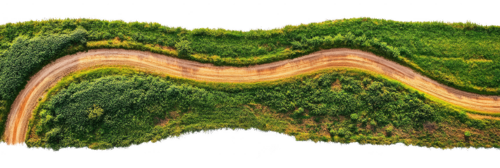 A winding dirt road curves through dense green vegetation. Png, Transparent background.