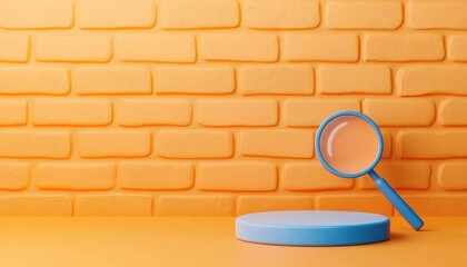 A blue magnifying glass and round platform are placed against a vibrant orange brick wall background.