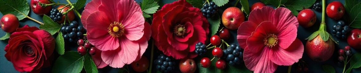 A lavish arrangement of ripe berries, velvety petals, and lush greenery creates a decadent and sensual still life, evoking feelings of warmth and indulgence , macro, vibrant