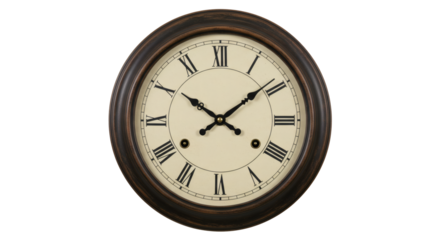 Oval antique wall clock with roman numerals isolated on transparent background