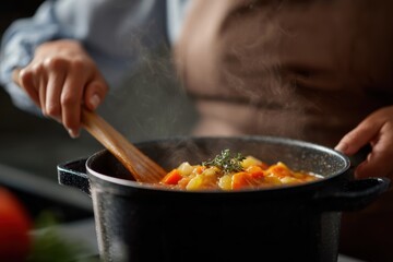 Woman cooking soup in saucepan, warm food concept