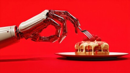 Robot carefully plating gourmet meal on solid vibrant red background fine dining elements and metallic robot fingers illuminated sharply