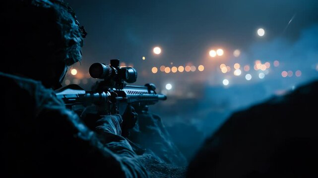 Person Aiming a Sniper Rifle Under Night Sky