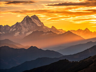 Sunset rays over a multi-layers of mountains.