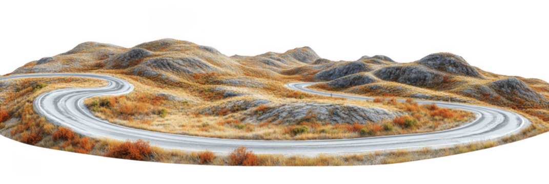 A winding road curves through dry, hilly terrain covered with sparse grasses and shrubs. Png, Transparent background.