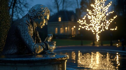 A classical statue illuminated by lights beside a water fountain