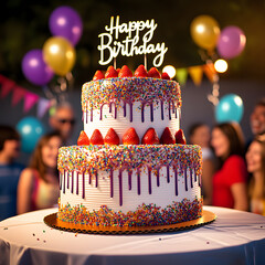 an expensive birthday cake closeup with people celebrating on the blurred background