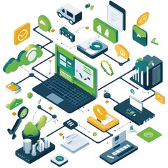 Obraz premium Digital business models producing zero waste using paperless systems, clean hosting, sustainable design platforms, and circular service methods for tech firms