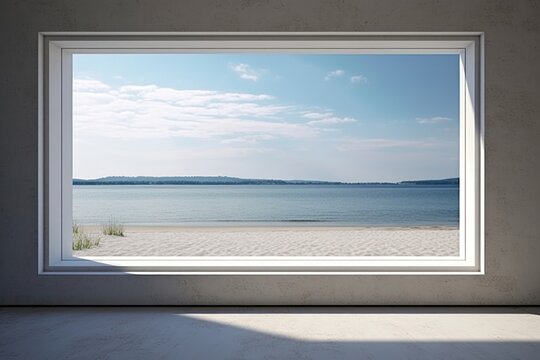 Fototapeta Window inside minimal bungalow outdoors nature sea.
