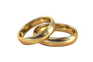 Two golden wedding rings intertwined, symbolizing love, commitment, and marriage ceremony celebrations, isolated on transparent background