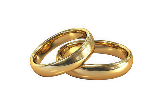 Two golden wedding rings intertwined, symbolizing love, commitment, and marriage ceremony celebrations, isolated on transparent background