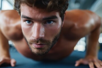 Man doing push-up on gym mat, fitness intensity