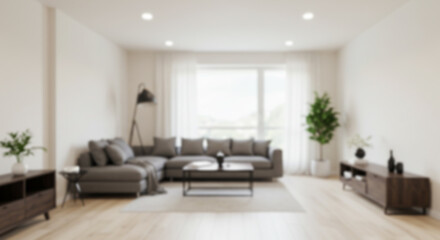 blur background of bright, modern living room features comfortable sofas and a prominent abstract painting, offering a serene and inviting ambiance, for green screen or live streaming background 10