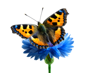 butterfly is perched on the blue cornflower, orange and black spotted butterfly land on a long-stemmed blue cornflower in a garden isolated on a transparent background