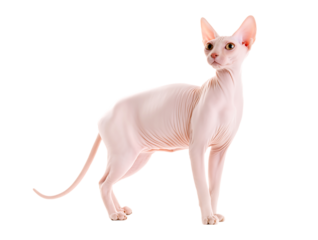 pink haired Sphynx cat looking up isolated on a transparent background