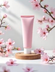 Pink skincare tube rests on wood, surrounded by delicate cherry blossoms, isolated on white background
