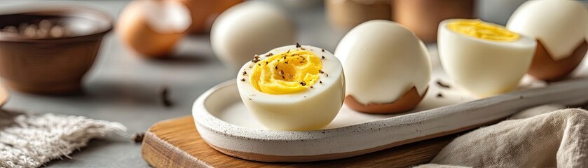 Clean eating as a simple snack in kitchen concept. Delicious soft-boiled eggs served on a wooden platter.