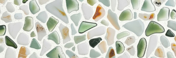 Sea Glass Mosaic Tile Pattern Background with Green, White, and Amber Tones for Interior Design and Crafts Projects, Seamless Texture for Digital Art