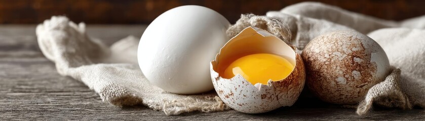 Eggshell texture with shell as classic kitchen snack concept. Fresh eggs resting on a rustic table with natural lighting.