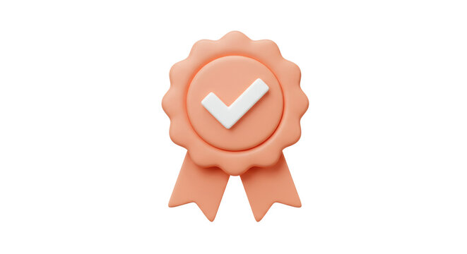3d render peach award badge checkmark isolated on transparent background