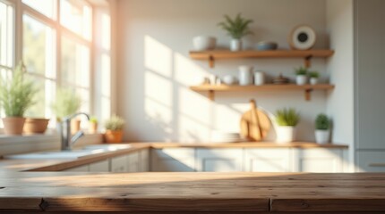 Warm sunlit kitchen with houseplants, open wooden shelves, white cabinets, and soft morning light. Ideal for lifestyle and interior visuals