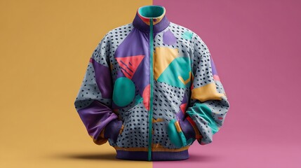 Naklejka premium Colorful nineties inspired jacket with geometric shapes against vibrant background colors