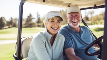 Sports themed, golf, an elderly couple in golf cart 