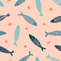 Fish and shells print. Seamless pattern of abstract and modern fishes. Editable vector..eps
