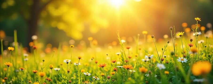 Sun-drenched meadow bathed in golden light, wildflowers swaying gently in the breeze A vibrant, cheerful scene perfect for nature, summer, and spring themes , bloom, day, field