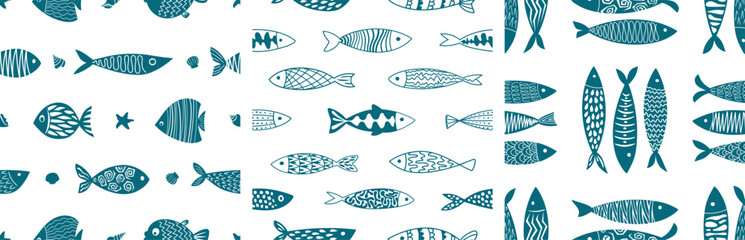 Set of hand drawn fish seamless patterns. Modern flat style. Editable vector..eps